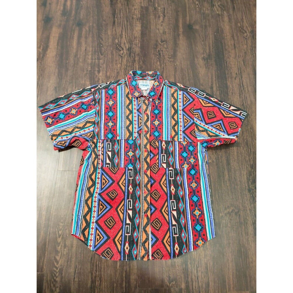 Vintage Wrangler Shirt Womens Large L Red Short Sleeve Aztec Southwestern